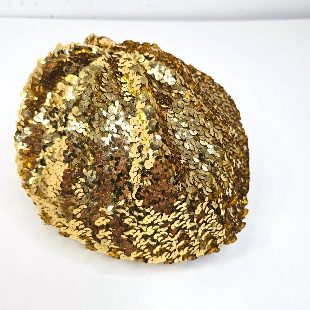Vintage 70s 80s Gold Sequin Beret Slouchy Stretch - Picture 1 of 8